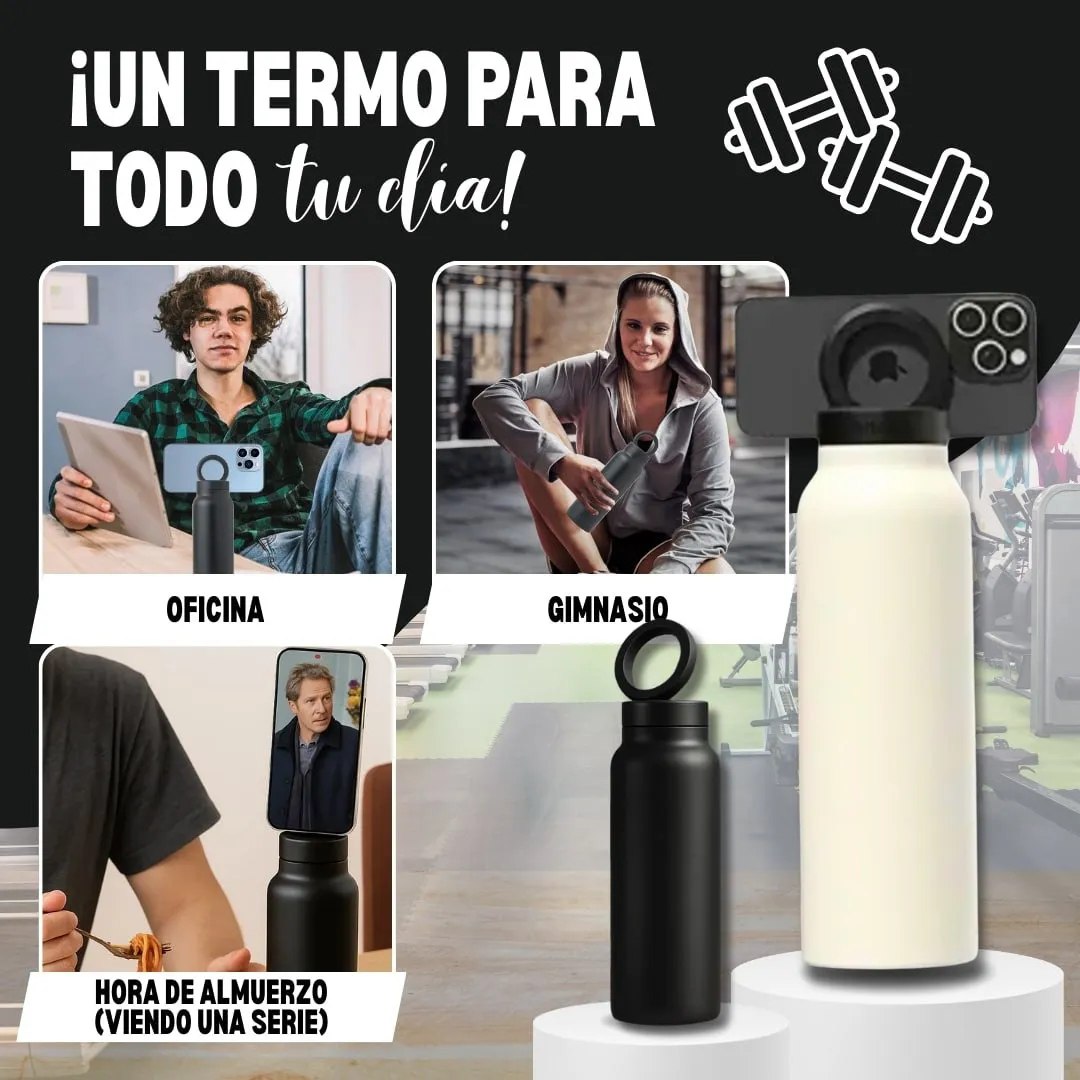 Termo con soporte magnético para teléfono
